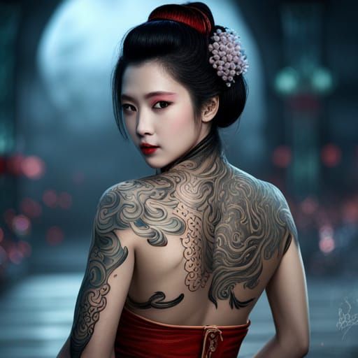 Detailed Tattoo Geisha in a Fantasy Concept Art