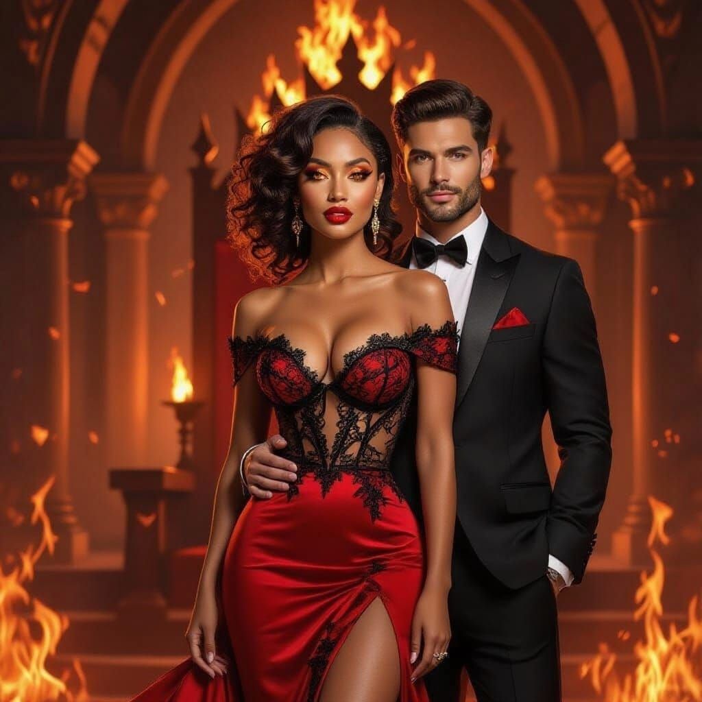 Regal Woman in Red Lace Dress with Fiery Husband