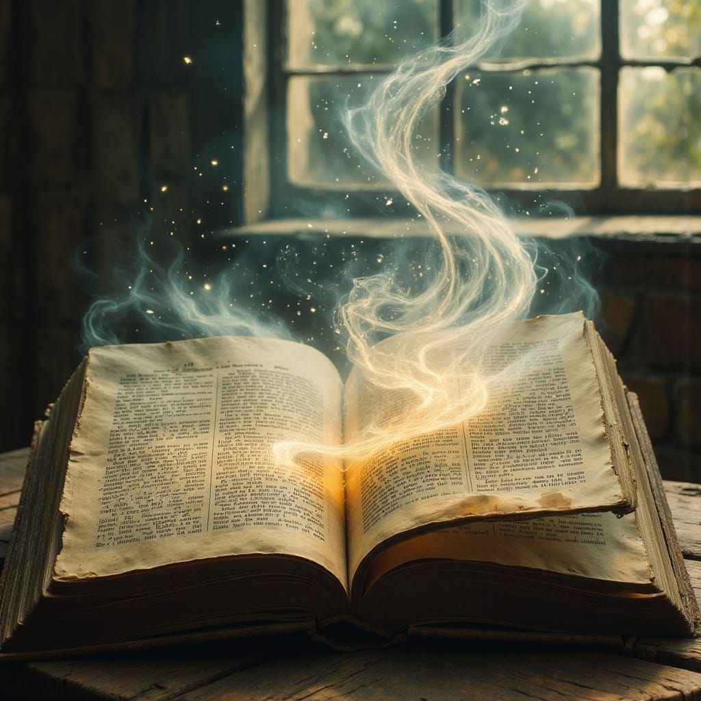 Open Ancient Book Showing Crown of Winds in Ethereal Fantasy...