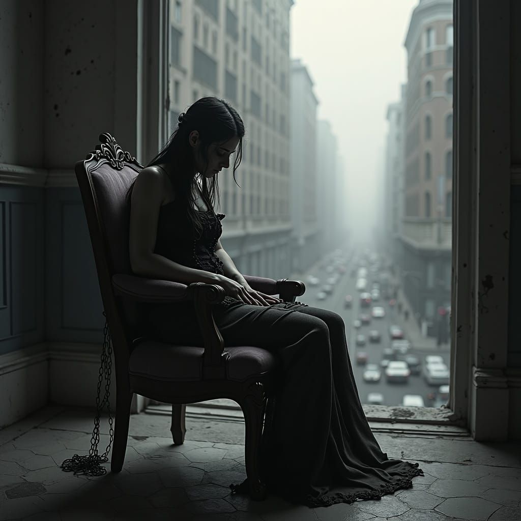 Figure Bound in Chair Amidst Moody Noir Cityscape