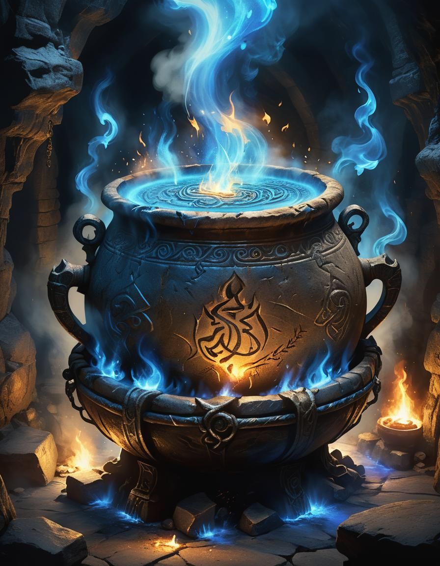 Cauldron in Stone Cavern with Blue Flames