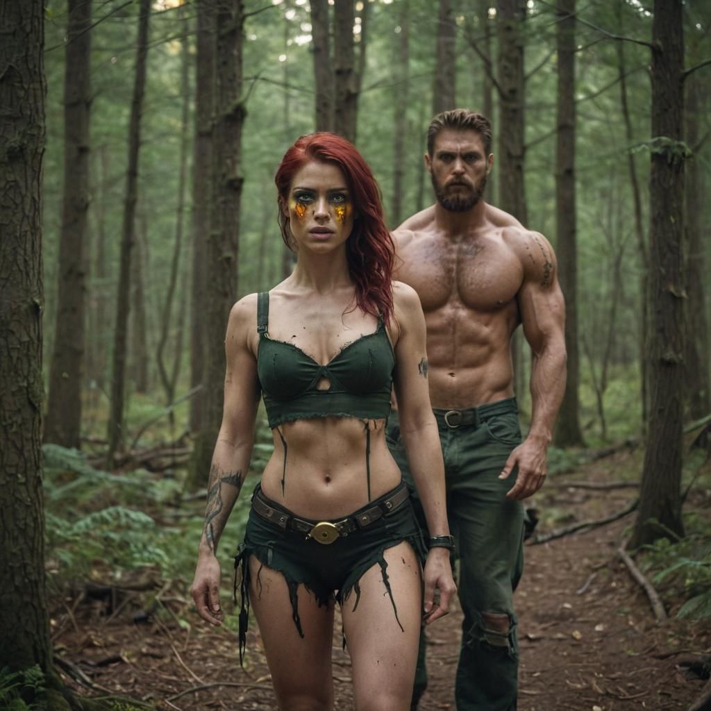Cinematic Film Still: Woman and Man in Woods