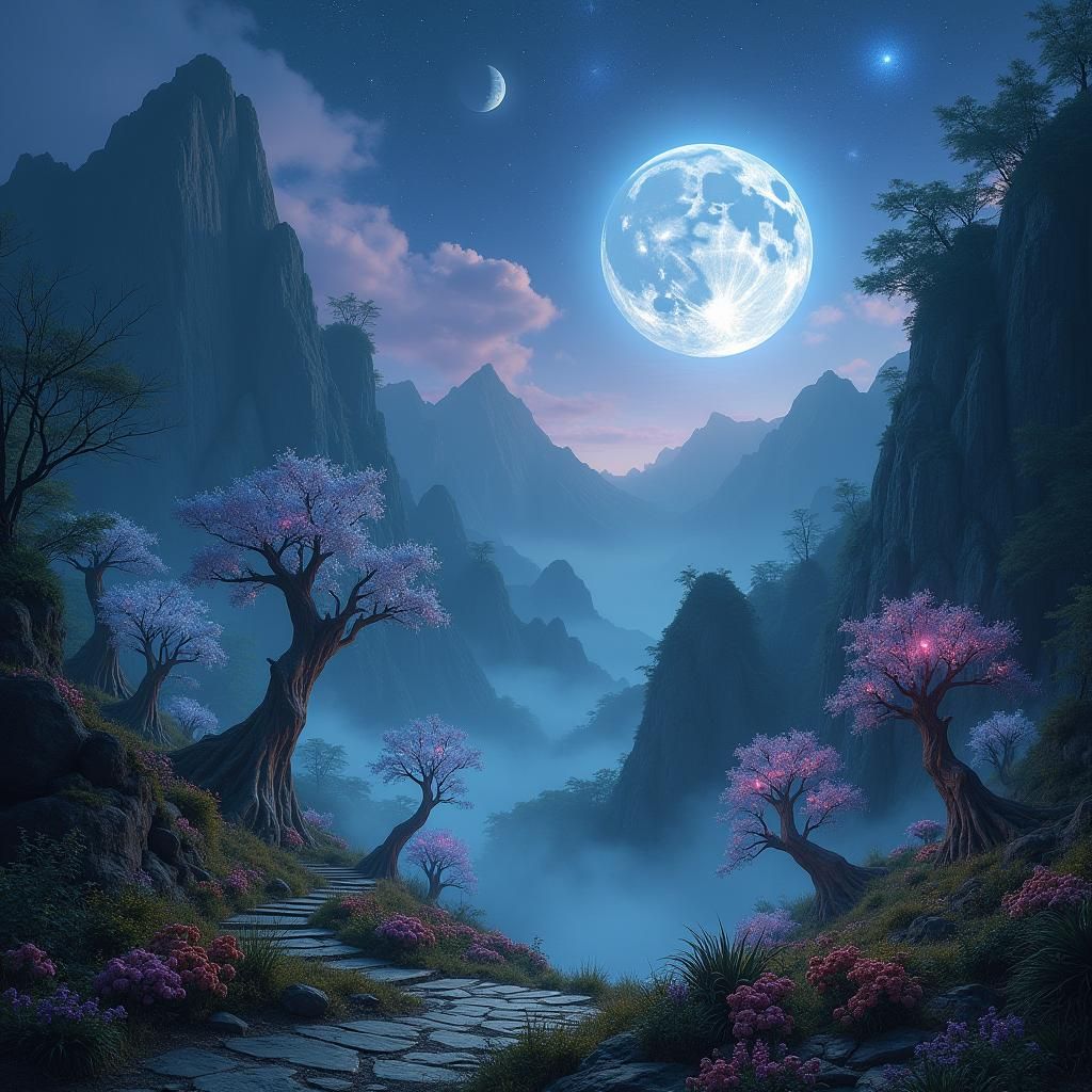 Ethereal Fairy Forest with Crystal Trees Under Night Sky