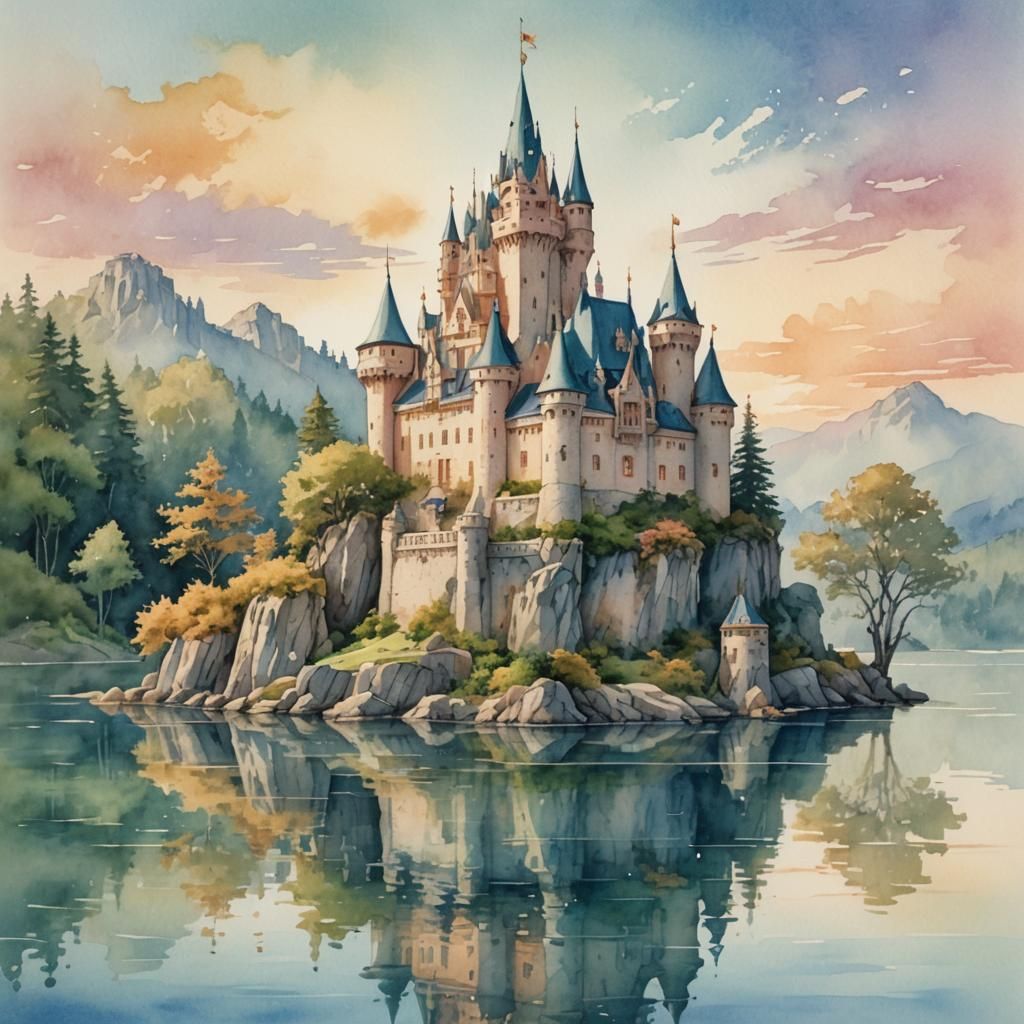Whimsical Castle on Island in Watercolor Style