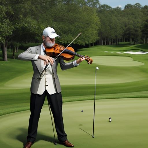 Fiddler in Golf Course Rough with Joyful Expression
