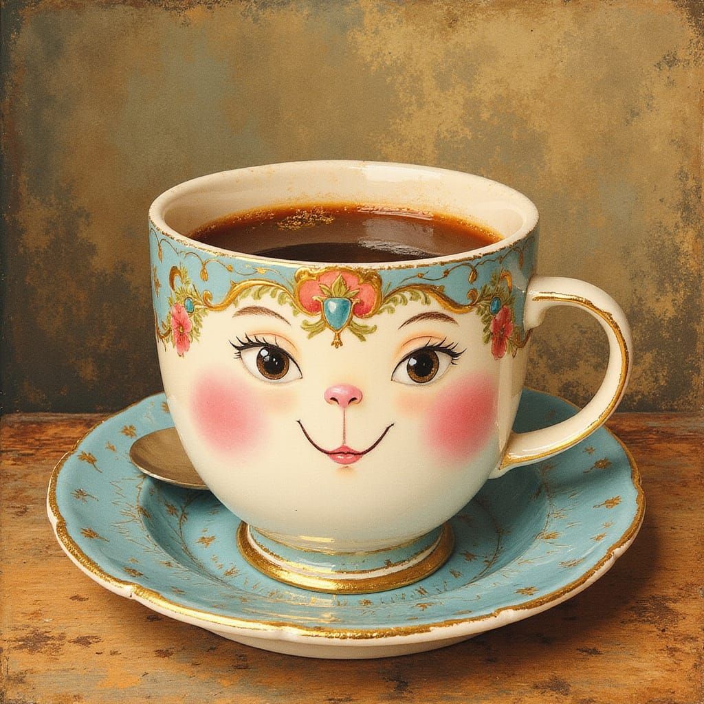 Cozy Coffee Cup with Whimsical Face in Warm, Golden Setting
