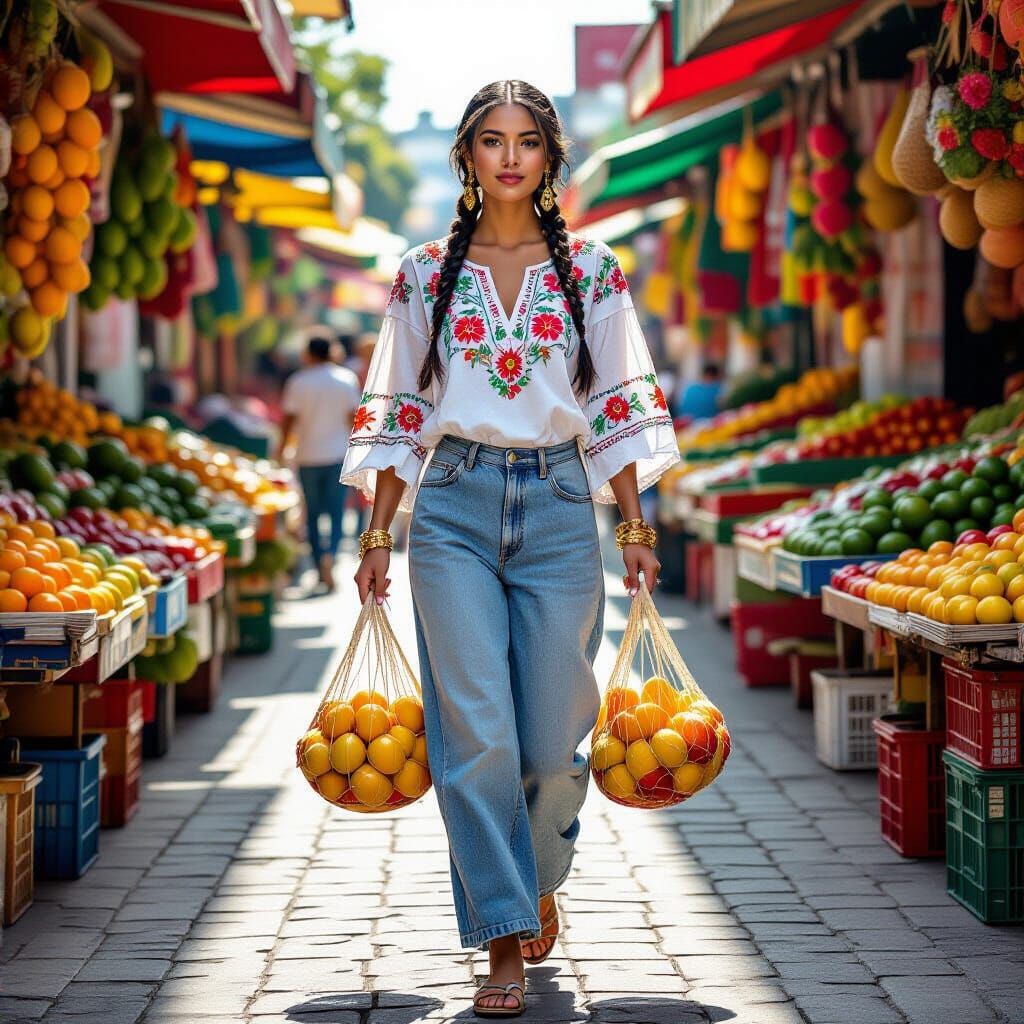 Mexican Woman at Market in Cinematic Realism