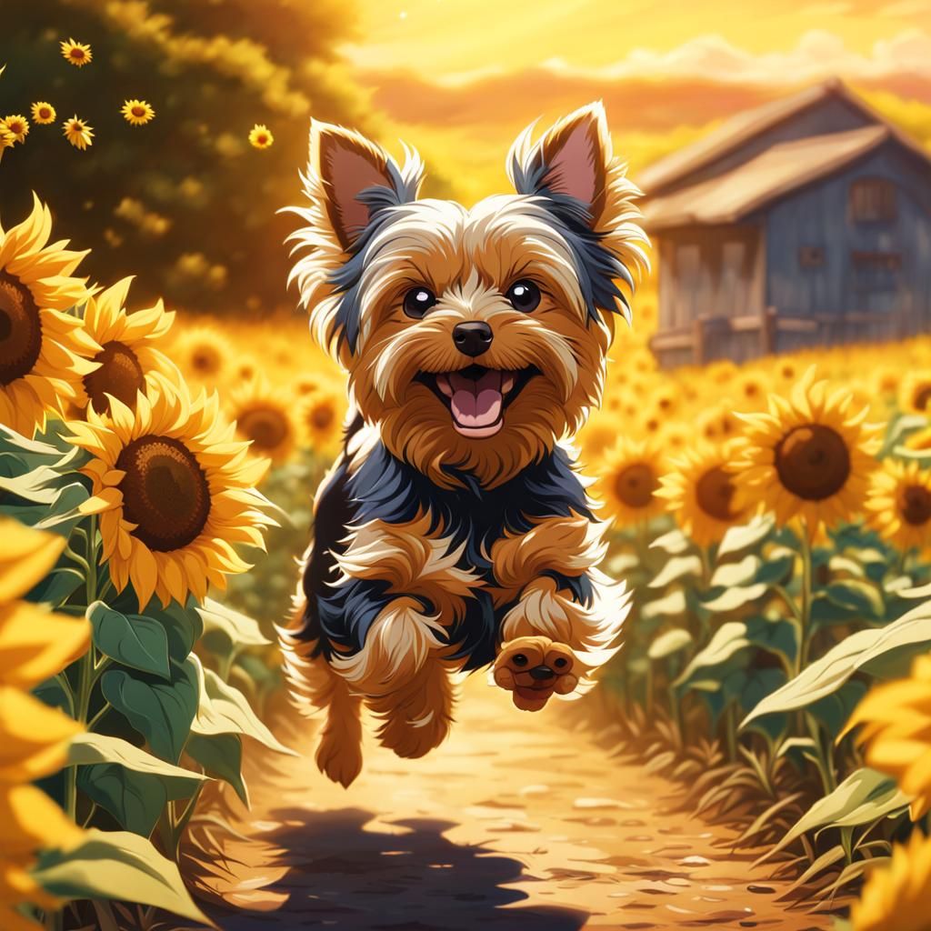 Yorkie Runs Through Sunflowers: Ghibli Anime Style