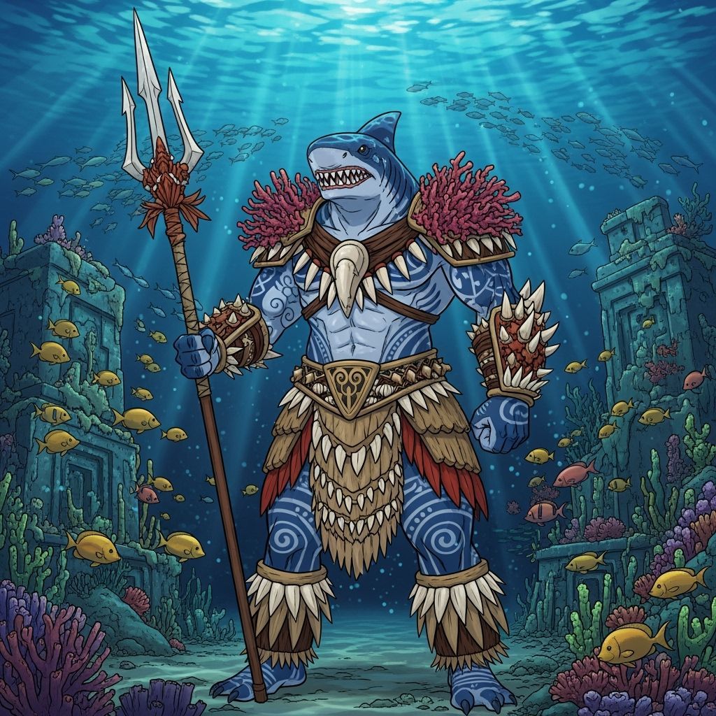 Sharkfolk Warrior in Polynesian Armor Underwater