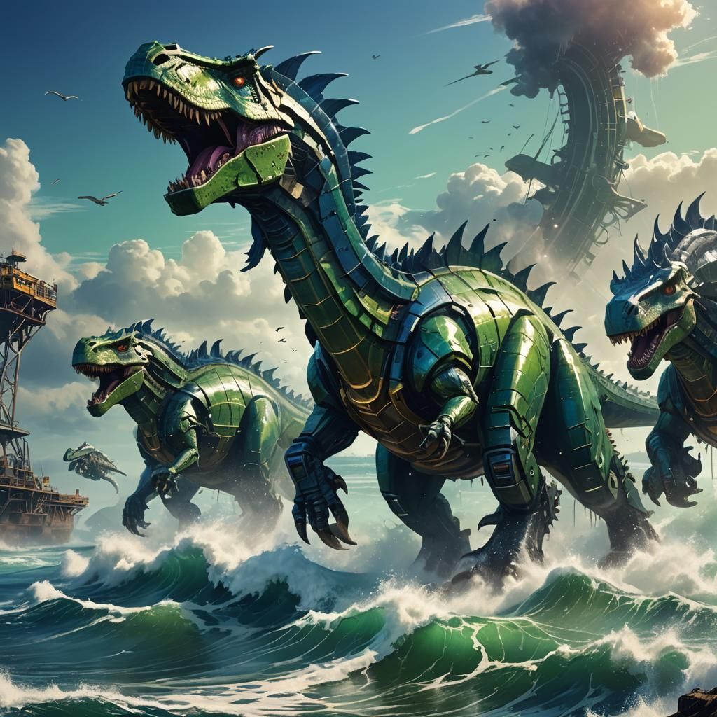 Mechanical Dinosaurs Emerge from the Sea: Stylized Concept A...