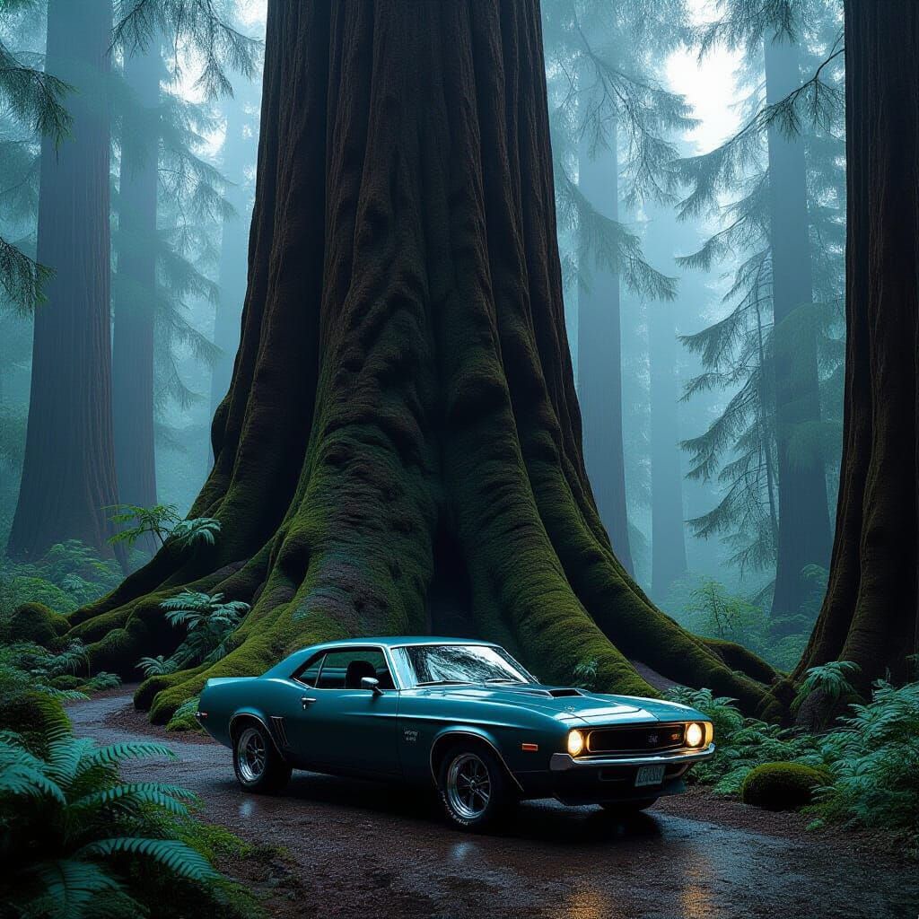 Redwood Forest with Muscle Car in Matte Painting Style