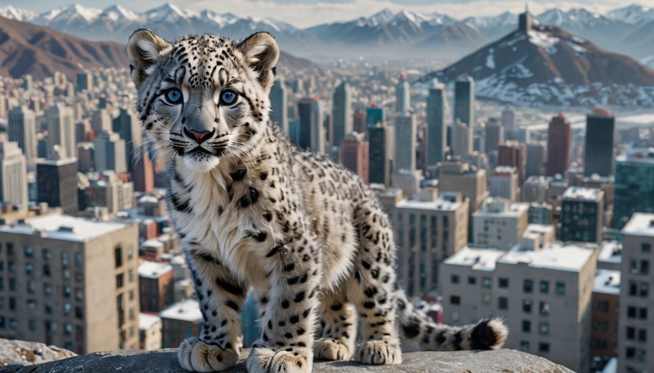 Robotic-Eyed Snow Leopard Overlooks Futuristic City