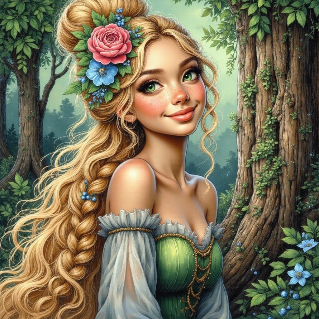 Tangled Blonde Princess in Tower with Flowers and Vines