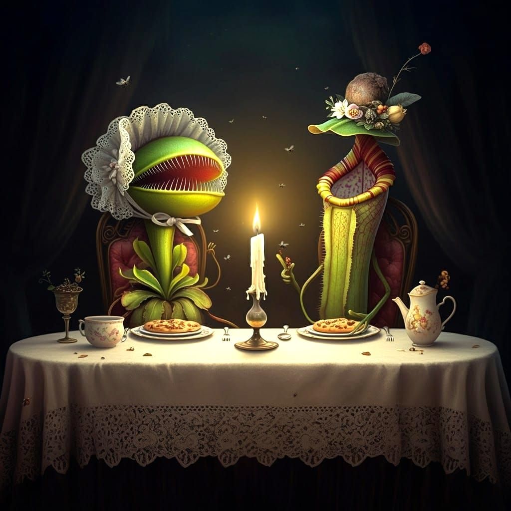 Carnivorous Plants Enjoying a Fly Meal: Surreal Fantasy