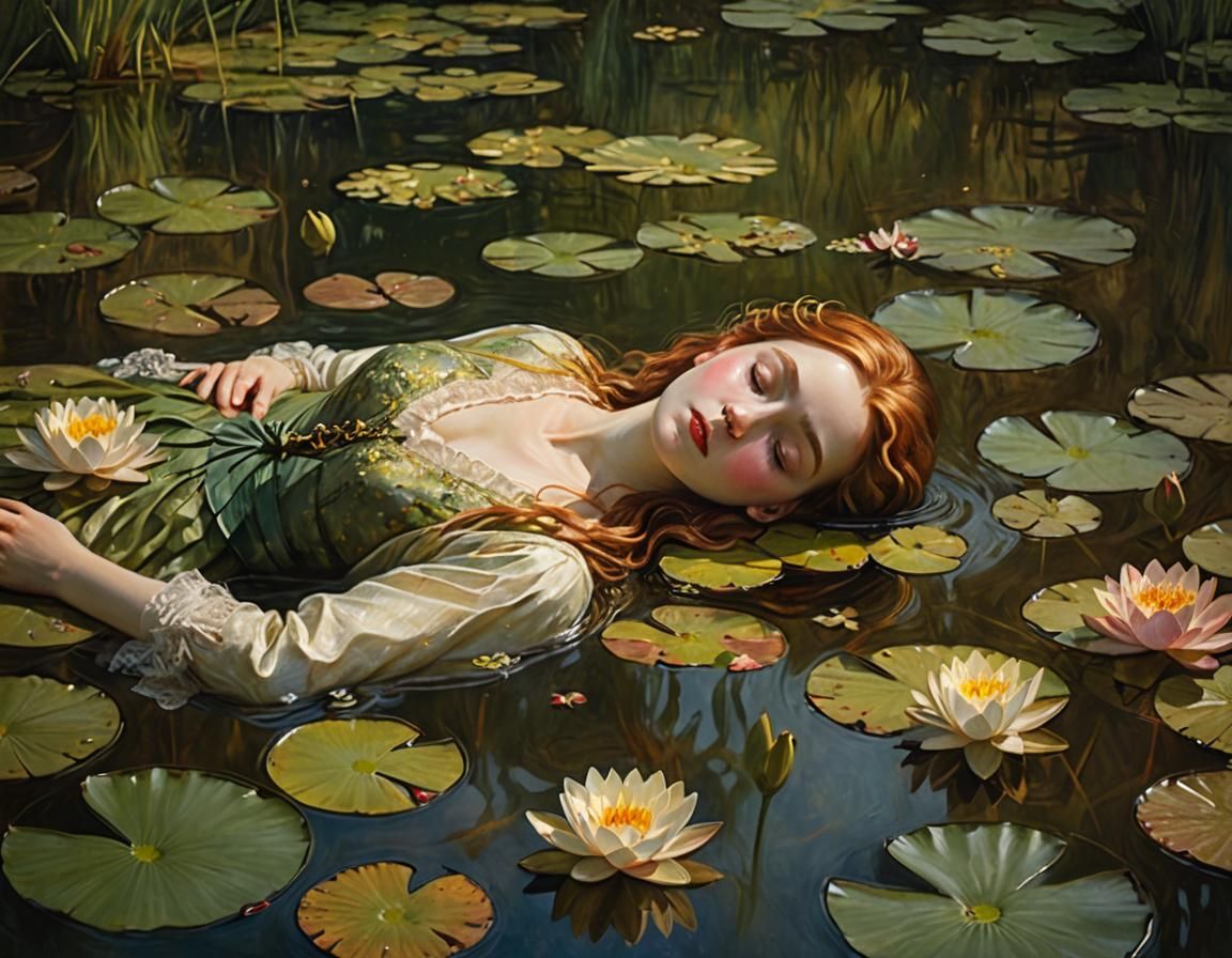 Ophelia in Lily Pond: A Romantic Impressionist Painting
