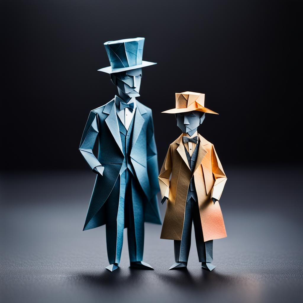 Origami Father and Son Papercraft in Watercolor Style