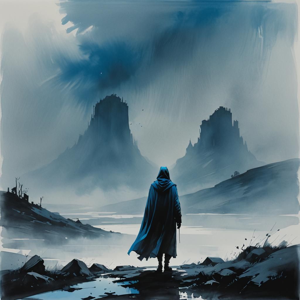 Mysterious Figure in Fog: Minimalist Ink Painting