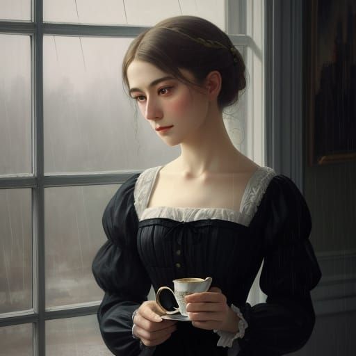 Victorian Woman Gazing out Window as Impressionistic Paintin...