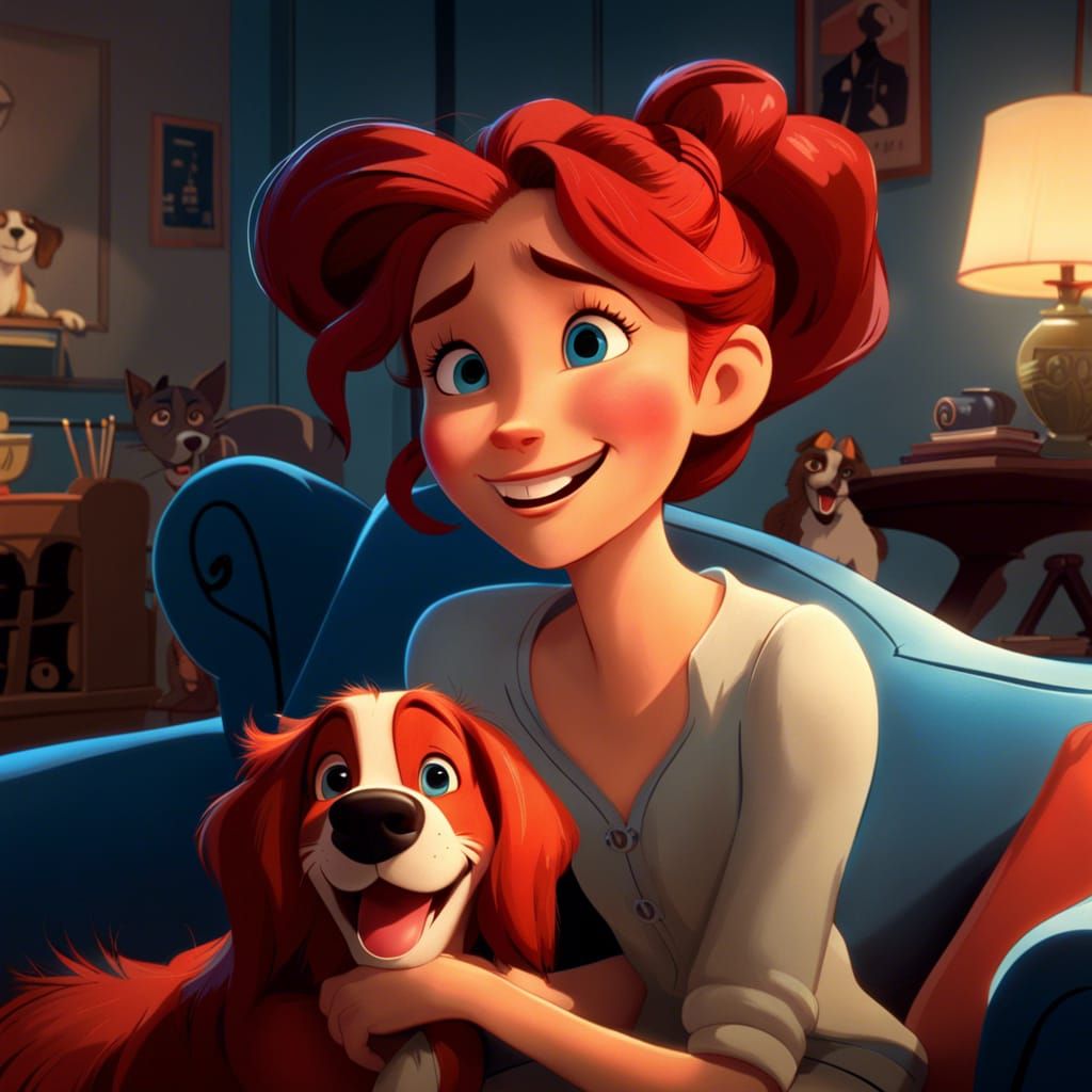 Girl and Dog in Living Room, Animated Style