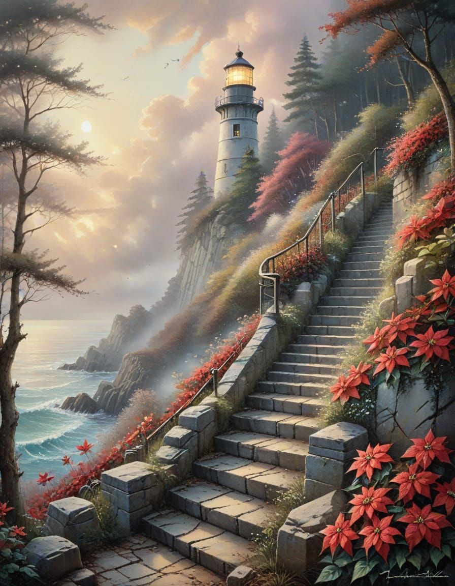 Ethereal Watercolour Lighthouse with Misty Woods and Poinset...