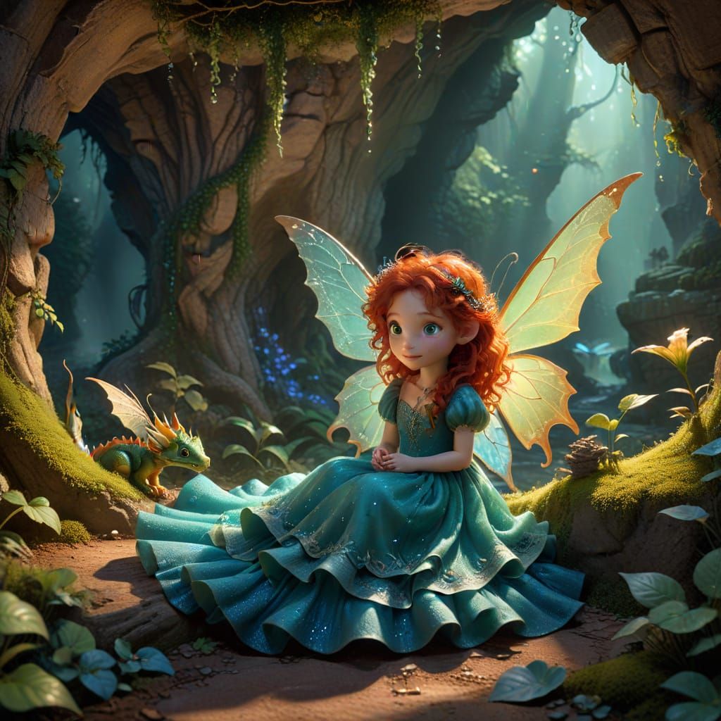 Whimsical Fairy and Dragon in Enchanted Forest Cave