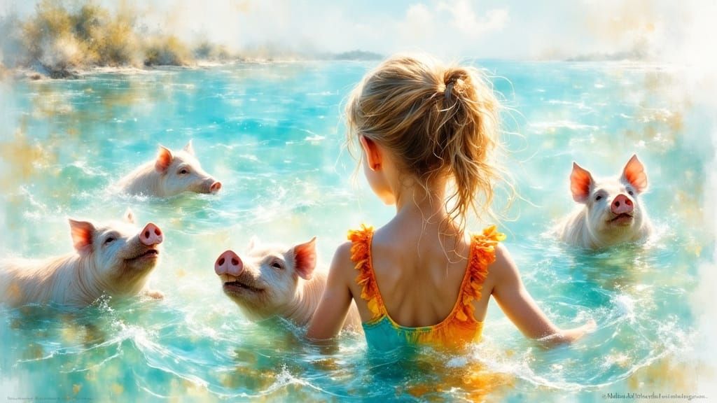 Girl Swimming with Pigs in Watercolor Style