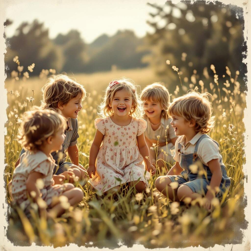 Children Playing in a Sun-Drenched Field, Vintage Style