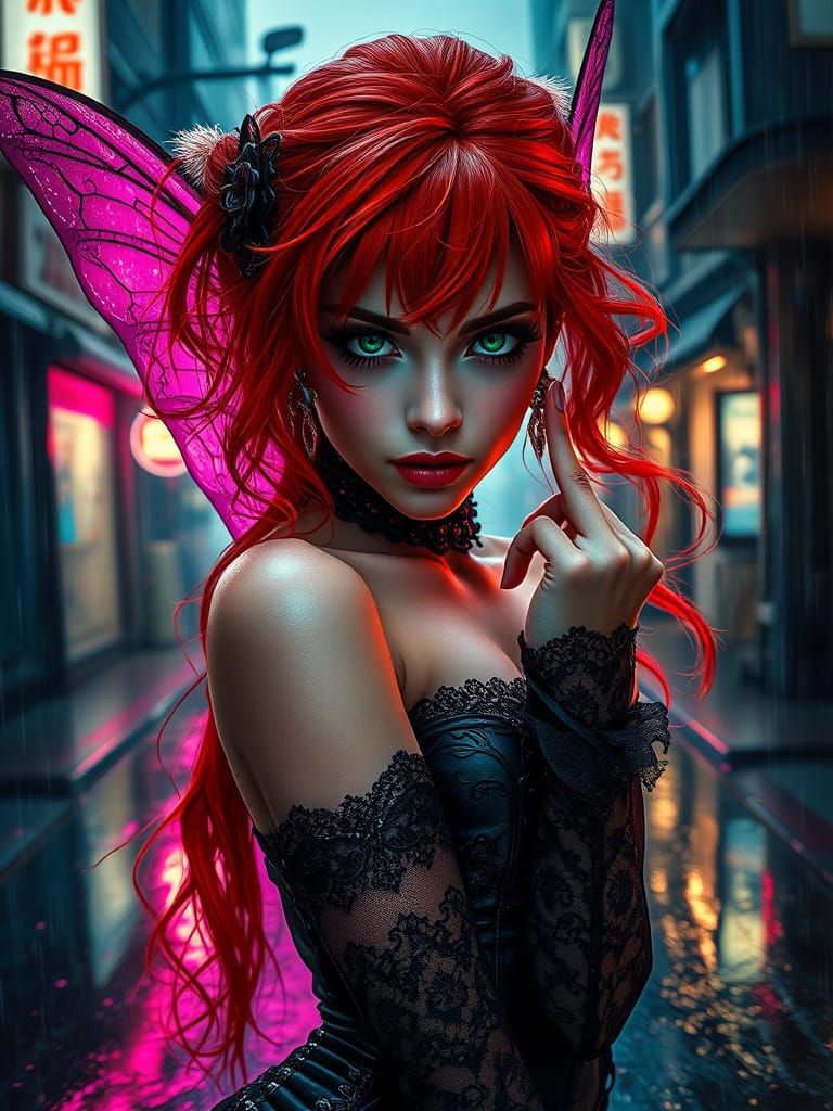 Sensual Victorian Fairy Beckons in Rainy Cyberpunk Streetsca...