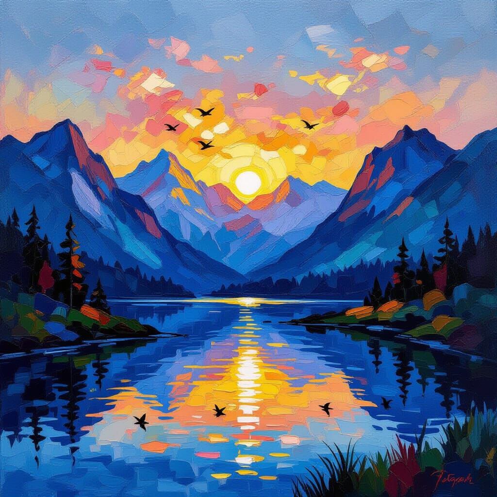 Peaceful Mountain Sunrise Over River with Birds