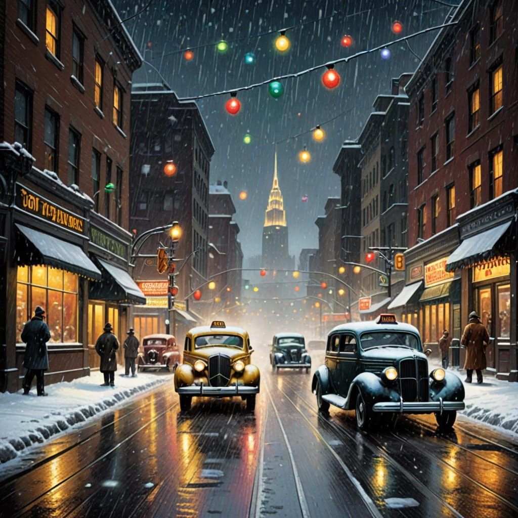 1930s Snowy Christmas Downtown Scene with Taxi