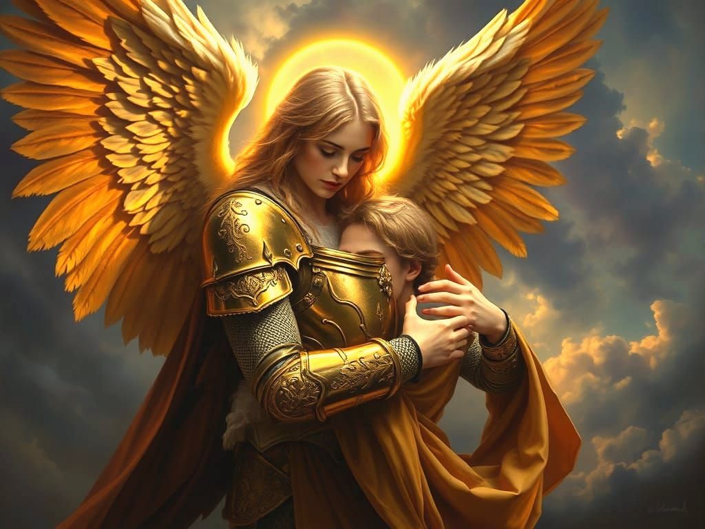 Angel Comforting Sad Man in Oil Painting Style