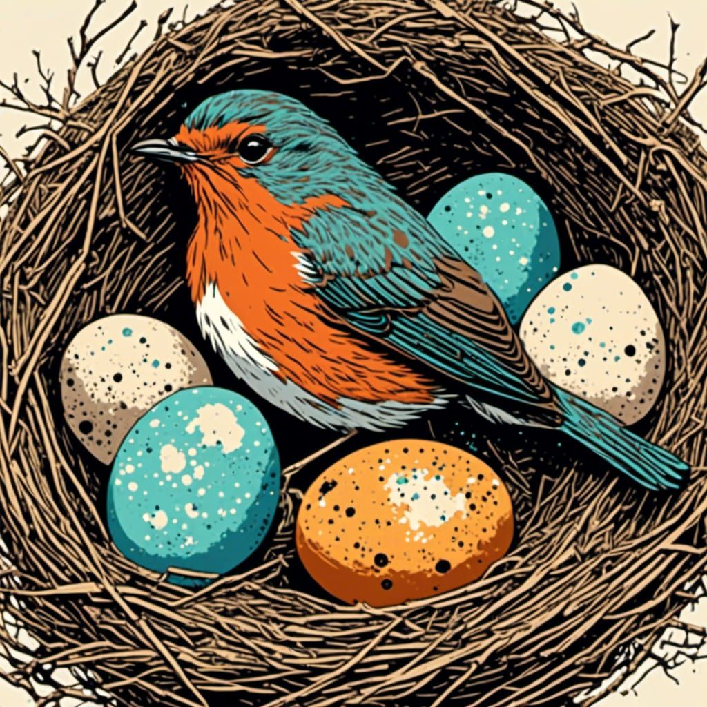 Robin Nesting with Eggs in Screen Print Style