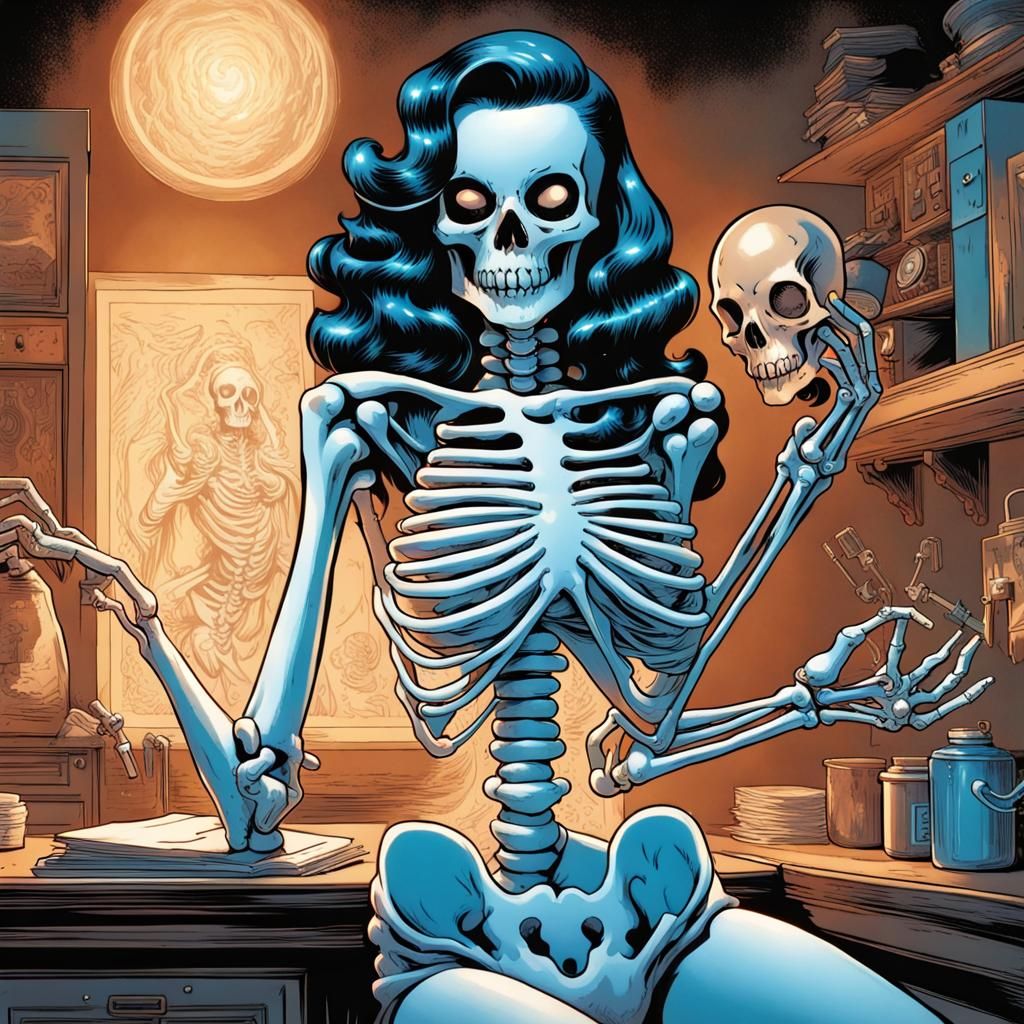 Vintage Pinup Skeleton Girl Conjuring Magic