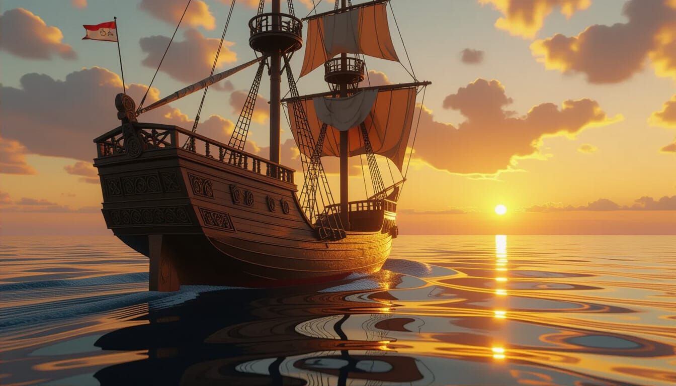 Fantasy Ship Sailing Smooth Waters at Sunset