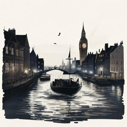 Steampunk Boat on Thames in Ink Painting Style