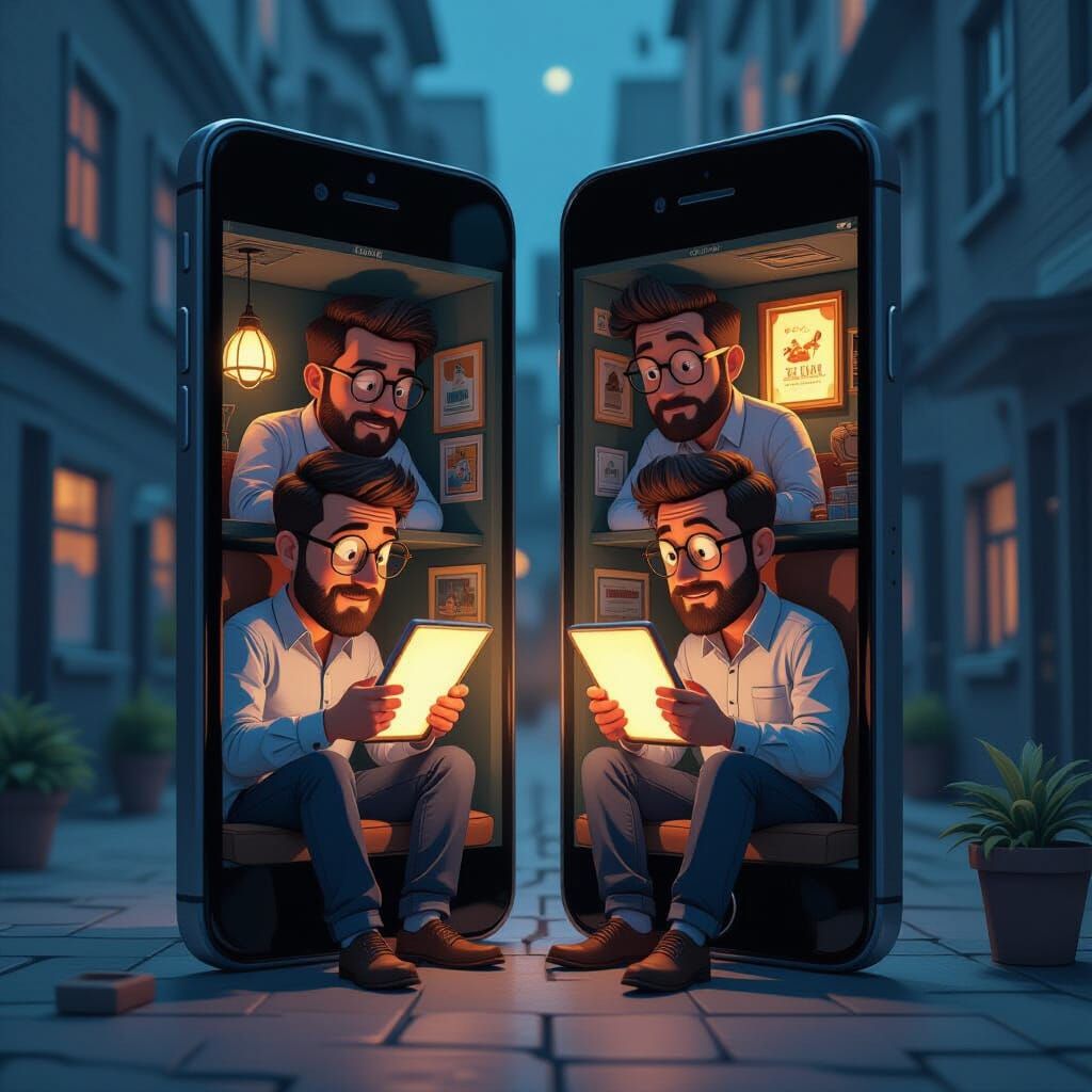 Satirical Digital Art: Men Live Inside Giant Smartphones
