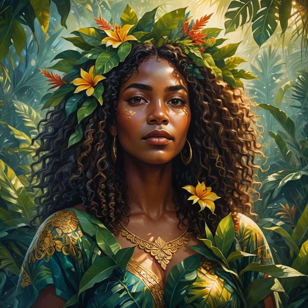 Caribbean Woman's Spiritual Awakening in Oil Painting Style