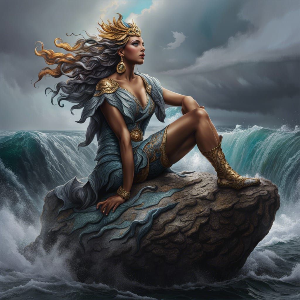 Hyperrealistic Siren on a Rock with Grey Clouds