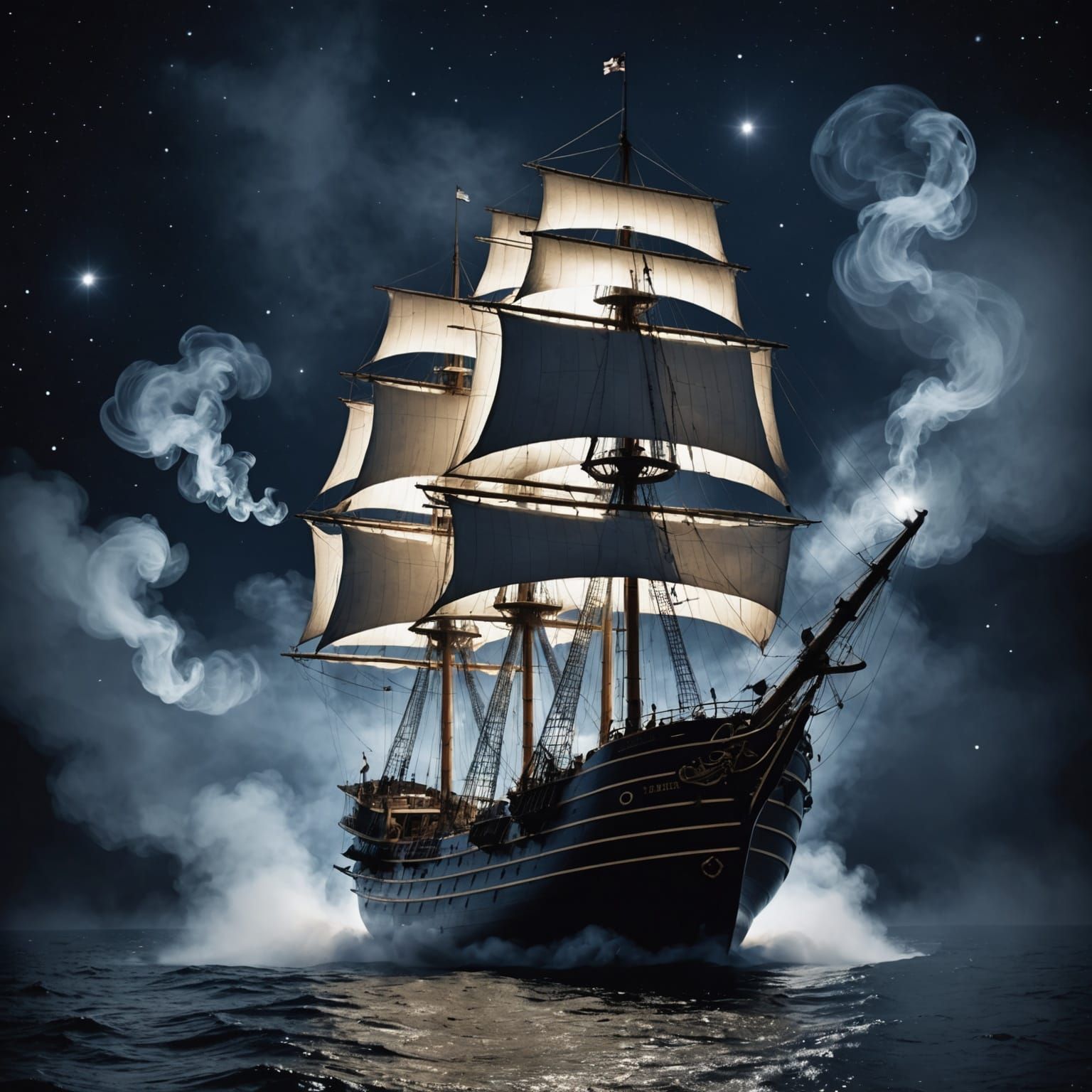 Ethereal Ghost Ship Flying in Starry Night