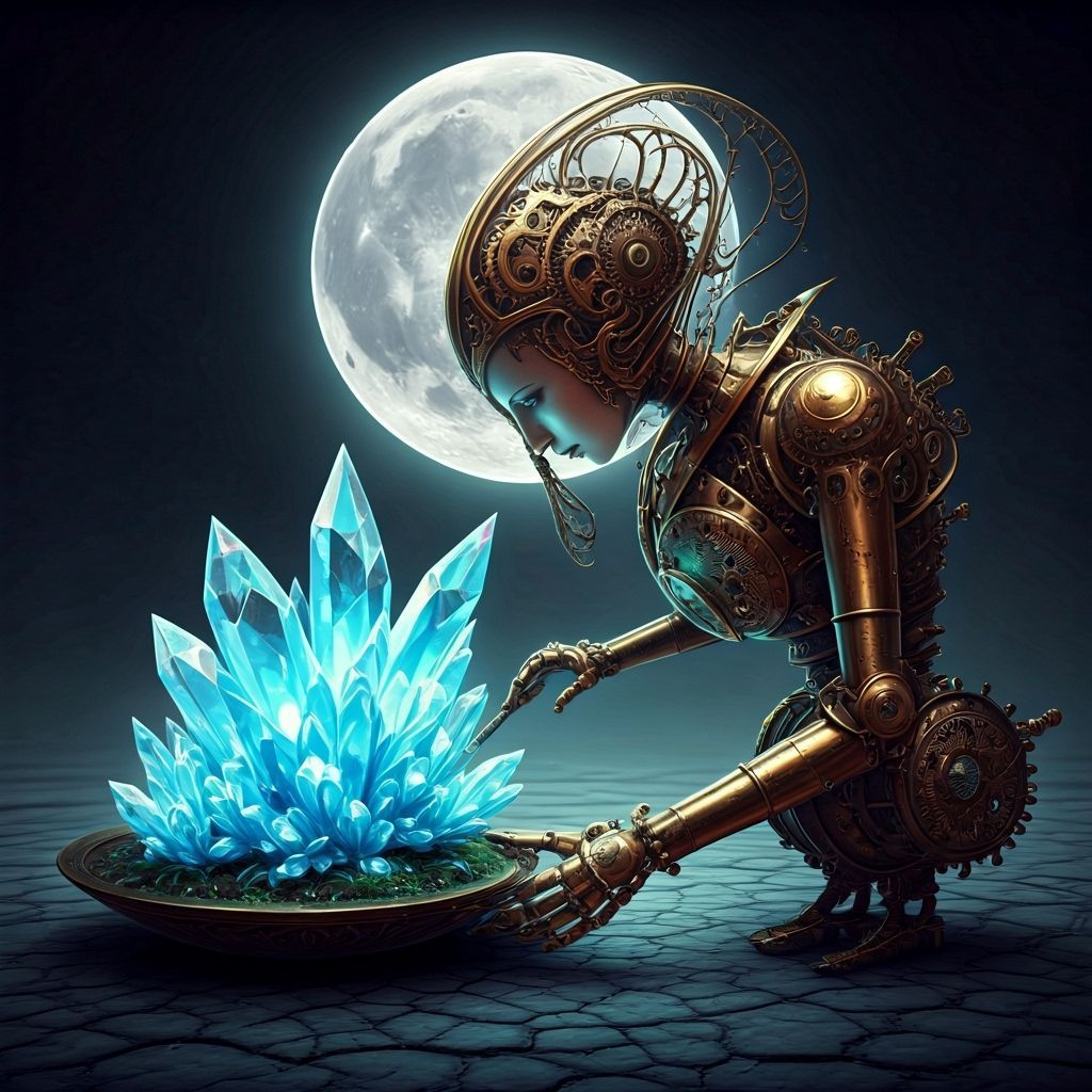 Clockwork Automaton Tends Crystal Garden on Moon