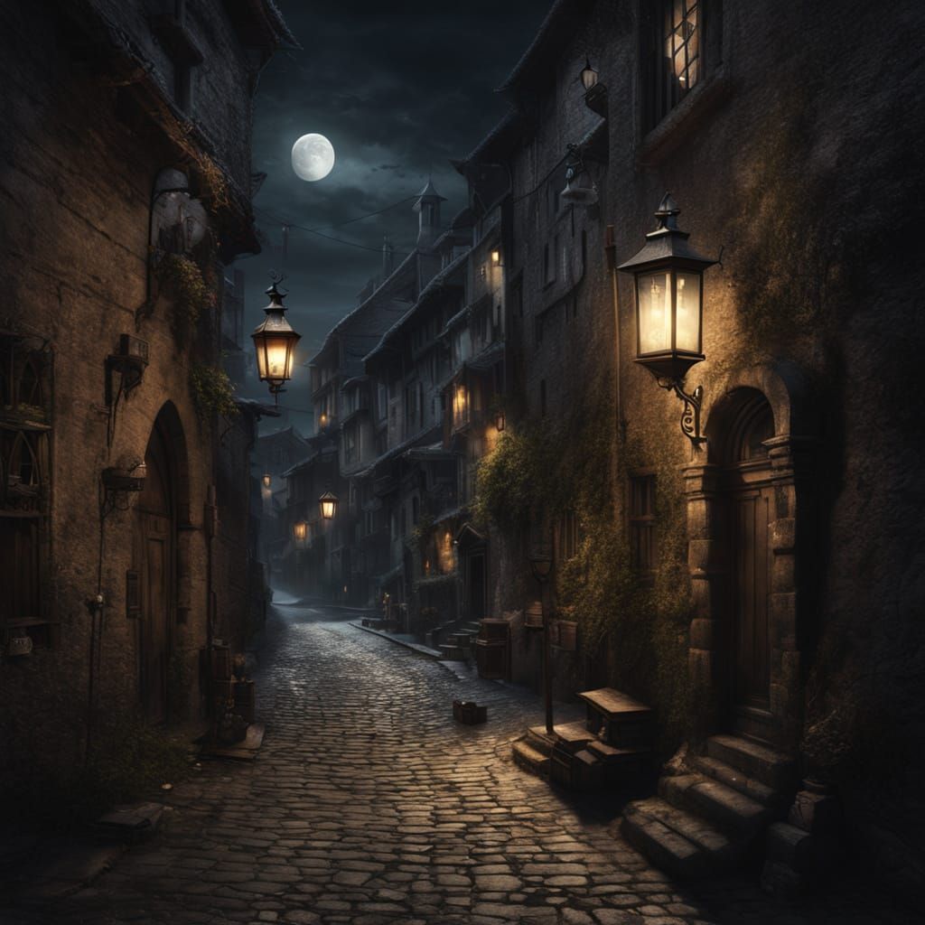 Medieval Alleyway at Night with Watchman