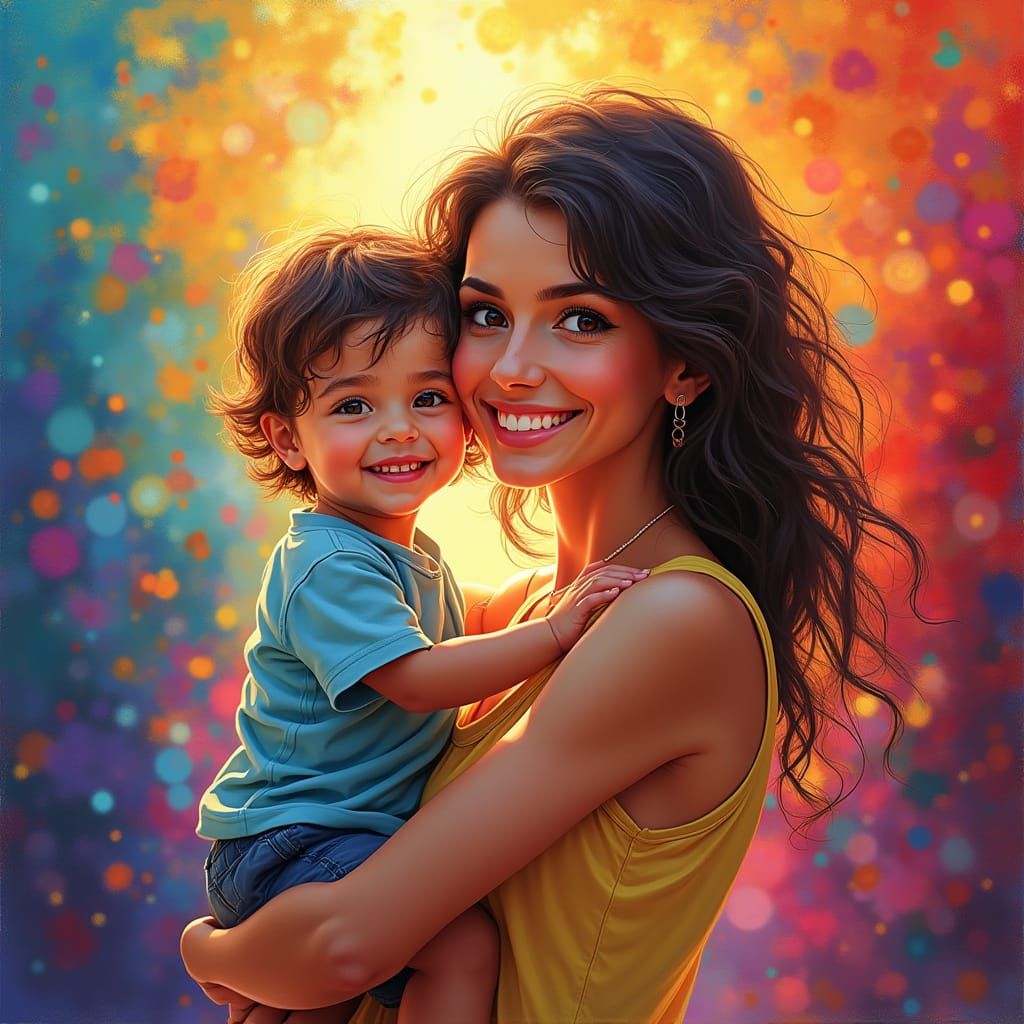 Joyful Mother and Child in Vibrant Painterly Style