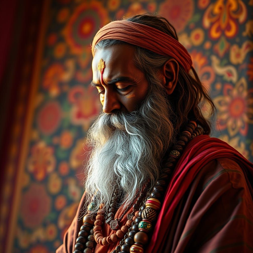 Intricately Bearded Sadhu in Contemplative Pose