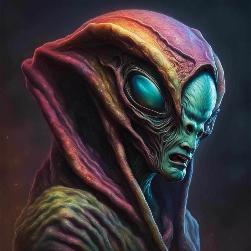 Detailed Hooded Alien Creature in Splash Art