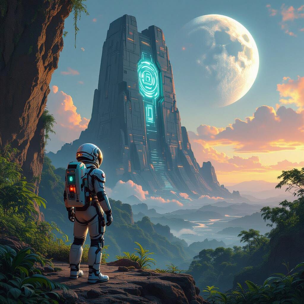 Cosmonaut Gazing at Alien Structure on Jungle Planet