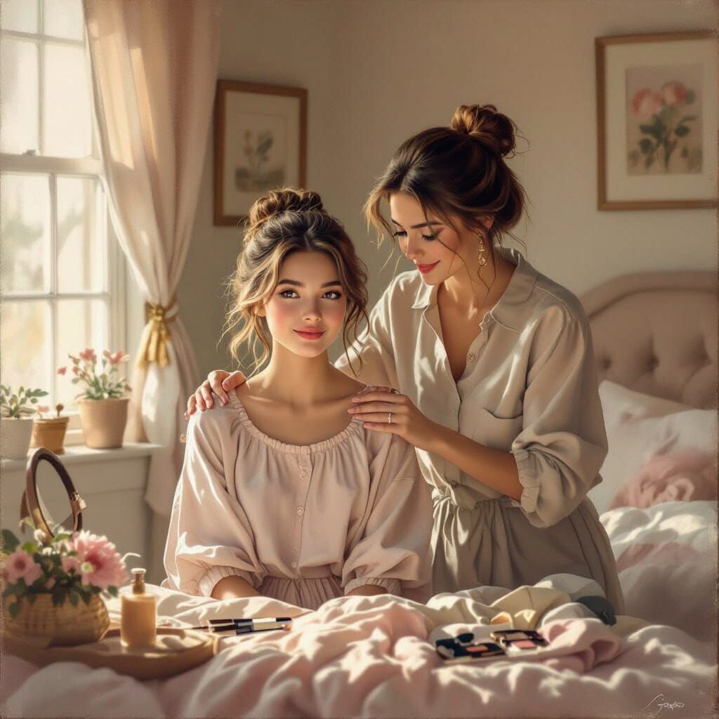 Teenager's Feminine Makeover in Cozy Bedroom Oil Painting