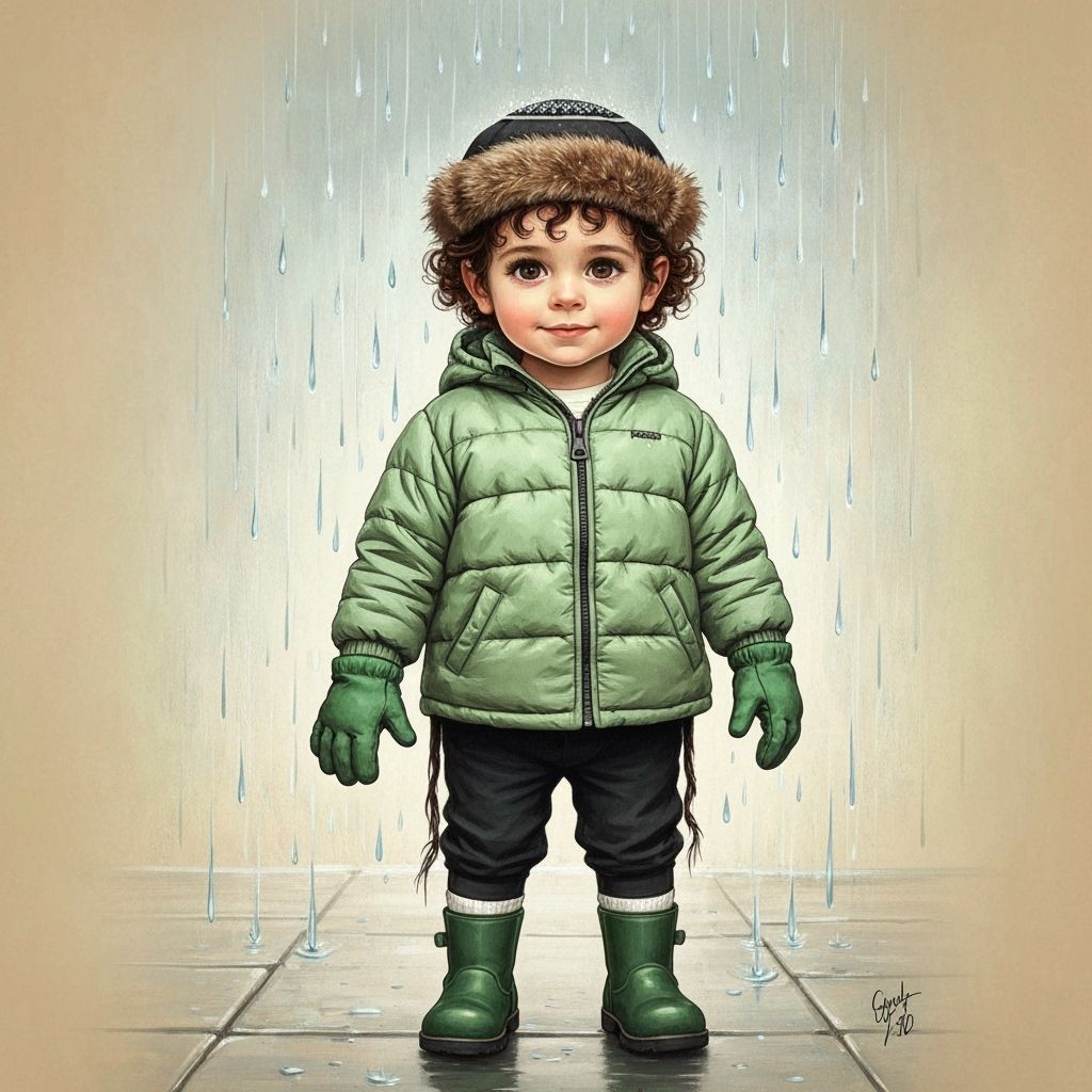 Haredi Boy in Green Jacket on Rainy Sidewalk