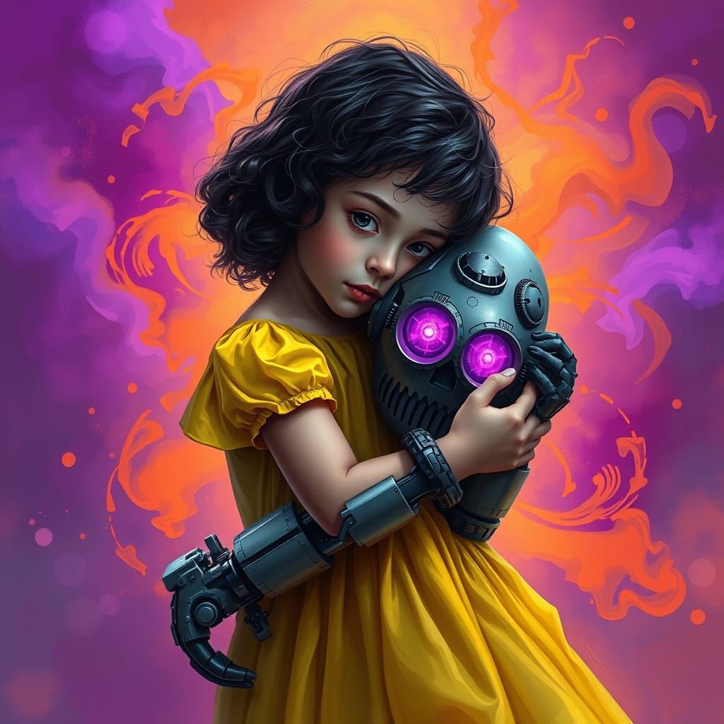Girl's Bittersweet Hug with a Fading Robot