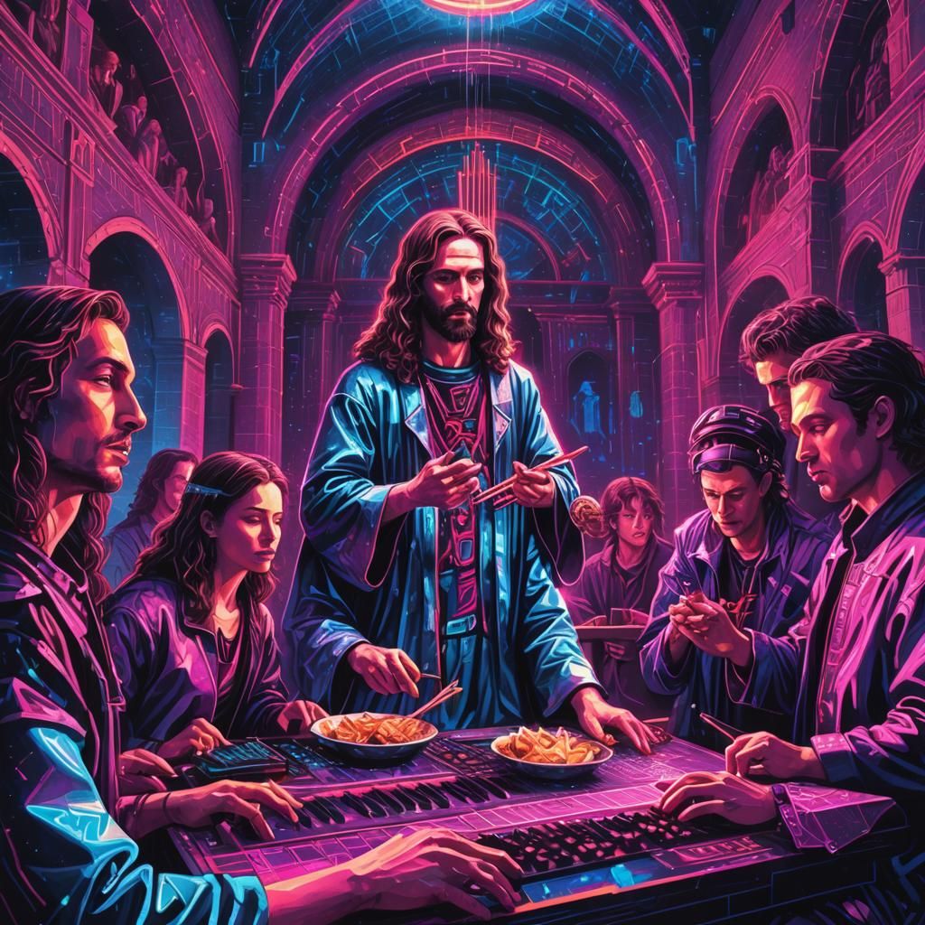 Cyberpunk Last Supper Concert in Synthwave Neon Style