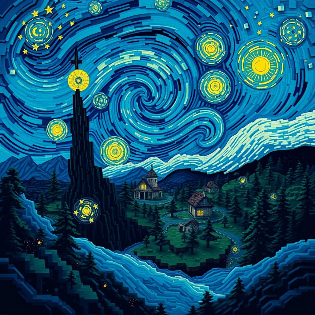 Minecraft Starry Night: Pixelated Van Gogh Landscape